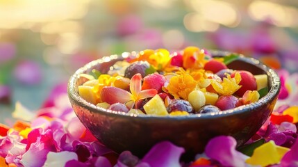 Fresh tropical fruits with water droplets, surrounded by colorful petals, celebrating Thai Songkran Festival's vibrant and festive spirit.