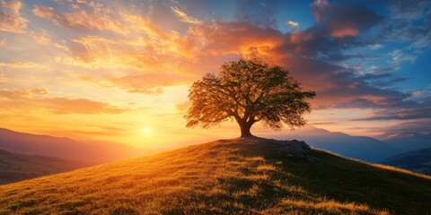 A serene sunset casts warm hues over a grassy hill with a solitary tree standing gracefully atop.