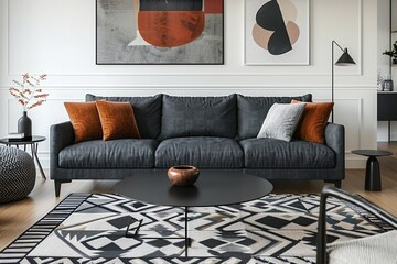 A mid century modern interior design in the living room with a dark gray sofa and coffee table and art frames hanging on the wall. Generative AI
