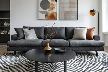 A mid century modern interior design in the living room with a dark gray sofa and coffee table and art frames hanging on the wall. Generative AI
