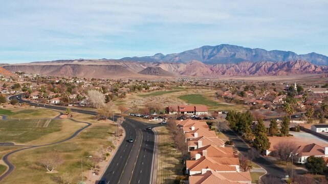 Aerial drone shot of Saint George St George Utah residential suburban homes 13