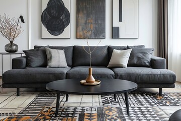 A calm-looking minimalist interior living room, an interior design with a gray sofa and a coffee table, and an art frame hanging on a white wall. Generative AI
