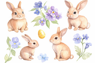Fototapeta premium Easter Bunny Watercolor: Delicate watercolor illustration features adorable Easter bunnies alongside vibrant spring flowers and a decorated egg.