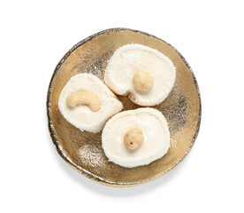 Plate with sweet Turkish delight on white background. Ramadan celebration