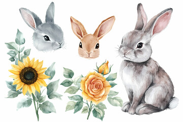 Obraz premium Watercolor Bunnies and Floral: Three adorable bunnies, each with unique poses, are paired with vibrant watercolor flowers. These illustrations capture the innocence and joy of spring.
