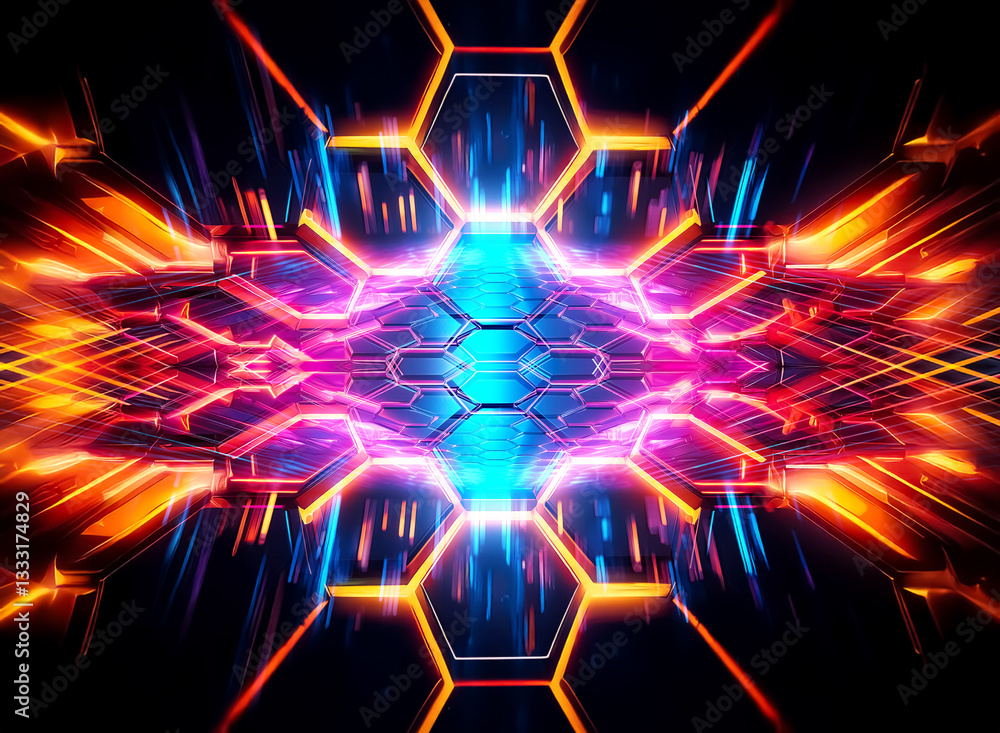 Poster abstract futuristic design featuring glowing hexagons and vibrant neon colors. dynamic light effects