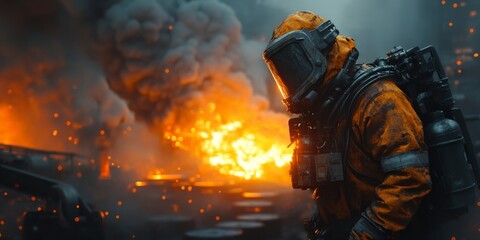 Naklejka premium Firefighter wearing protective gear controlling industrial fire in steel mill