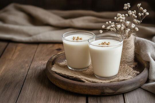 rustic homemade kefir drink served in clear glass cups on wooden tray with grains and cozy neutral backdrop
