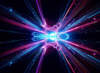 Obraz premium Abstract image of a bright central light source emitting dynamic beams of blue and pink energy against a dark backdrop. Futuristic and vibrant design.
