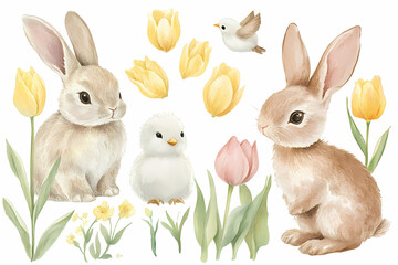 Fototapeta premium Springtime Friends: Charming illustration showcasing two adorable bunnies, a cute chick, and vibrant tulips, birds celebrating the season