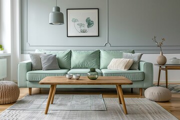 A modern minimalist interior design from the living room, with mint-colored sofas and a wooden coffee table, and hanging art frames. Generative AI
