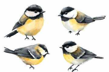 Naklejka premium Watercolor Bird Collection: A charming watercolor illustration of a delightful group of small birds, each posed with unique character, perfect for adding a touch of nature-inspired artistry.