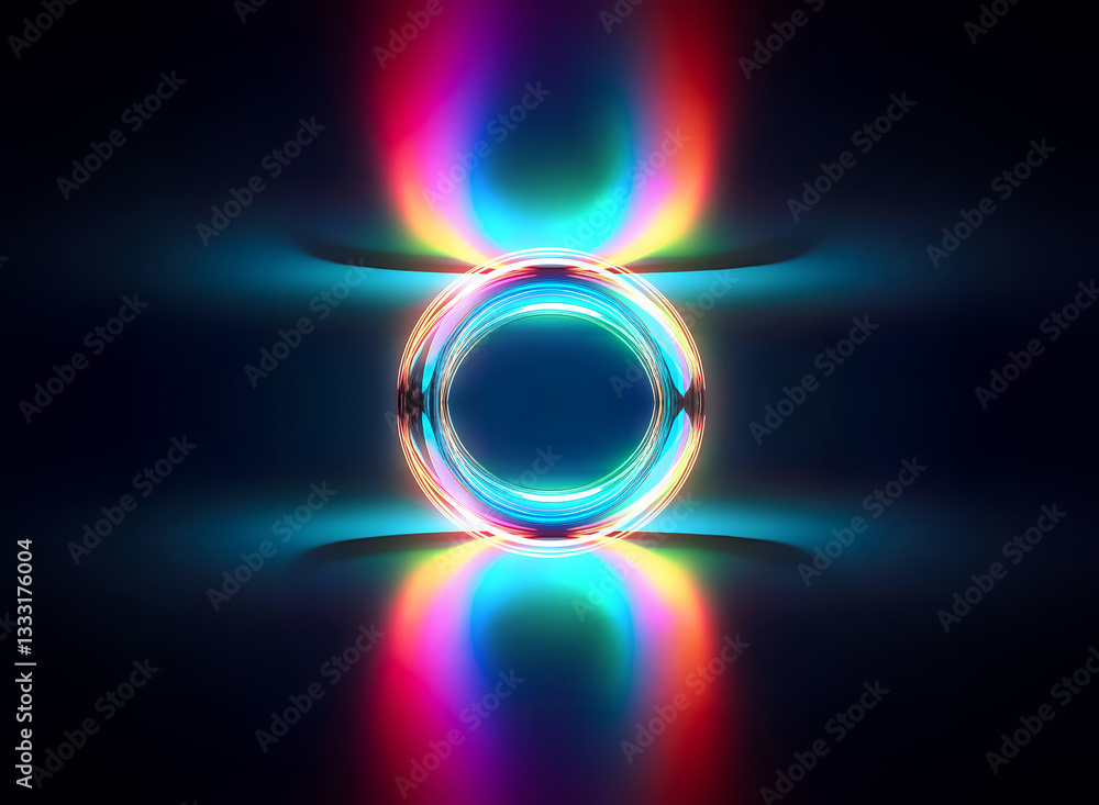 Poster bright oval form radiates luminous, rainbow spectrum light, creating a dynamic abstract design again