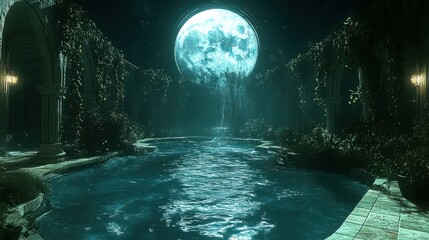 Mysterious moonlit pool at night