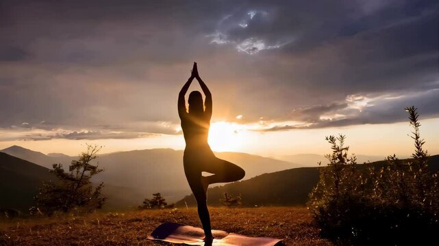 woma practicing yoga in front af the sunset, mediation