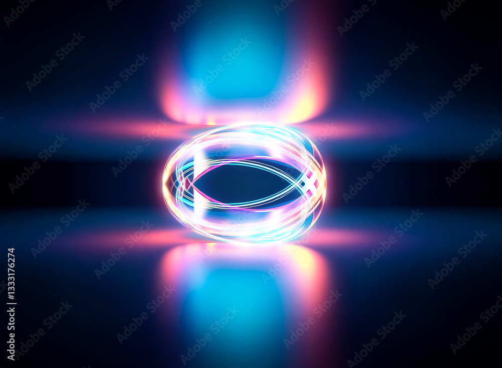 Poster a glowing sphere of intertwined blue and pink lines is centered on a dark reflective surface. blurre