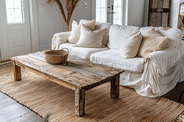 A Scandinavian interior design for a living room with a minimalist, white sofa and a rough-finished wood coffee table. Generative AI
