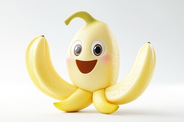 A cheerful cartoon banana with big eyes and a wide smile, playfully peeling itself.