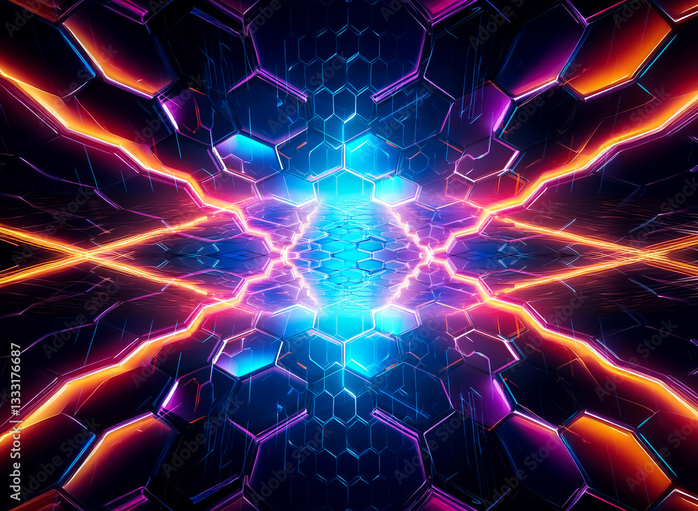Poster vibrant geometric abstract of a tunnel with glowing neon lines and hexagonal patterns. blue, orange,