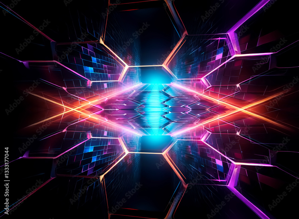Poster futuristic tunnel with glowing neon lights forming hexagonal patterns. symmetrical abstract design i