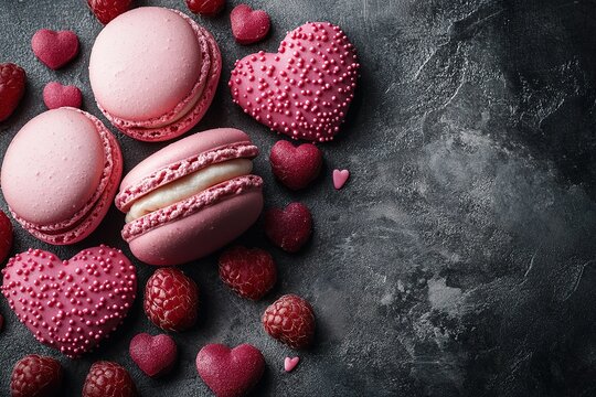 Heart shaped pink macaroons and cookies, Heart shaped macaronis with smooth, glossy pink background