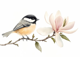 Obraz premium A Delicate Encounter: A charming bird perches delicately on a branch alongside a blooming magnolia flower, presenting a scene of serenity and natural beauty.