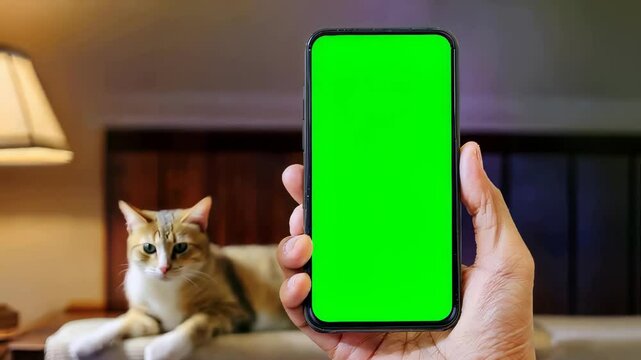 hand holding a smartphone with green screen , mobile phone with greenscreen on display, man showing the screen of a phone