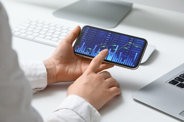 Female trader working with mobile phone at table in office, closeup