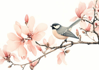Magnolia Bloom: A delicate watercolor painting of a charming bird perched amidst blooming magnolia branches, evoking a sense of springtime serenity and natural elegance.