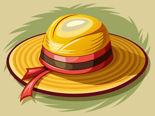 vector of  A straw hat with a wide brim and a brown ribbon around the crown. The hat is made of woven straw and has a slightly rounded crown.