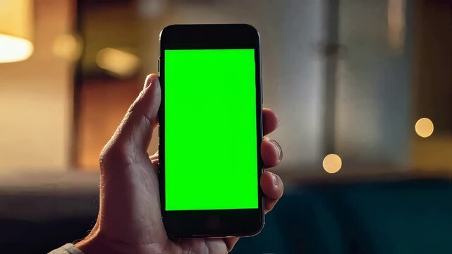 hand holding a smartphone with green screen , mobile phone with greenscreen on display, man showing the screen of a phone