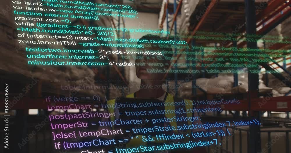 Poster animation overlaying computer code on warehouse shelves with stored items