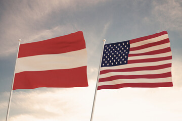 Relations between the countries of the United States of America USA and Austria represented by the concept of two flags waving against a cloudy sky.3d render.