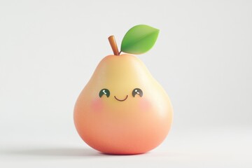 A cute, cartoonish 3D rendered pear with a happy face and a single leaf.