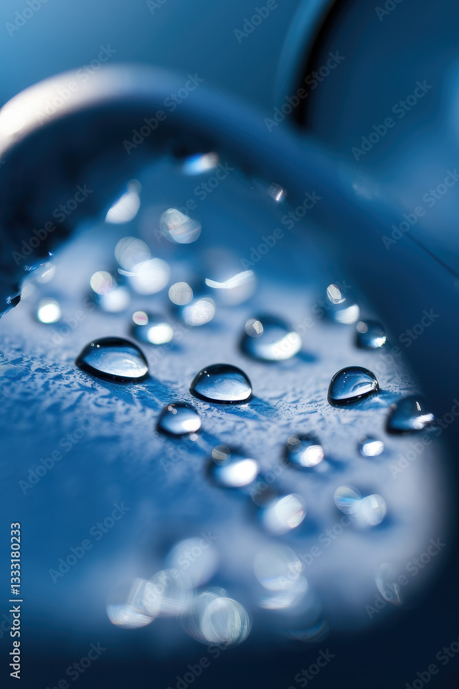 Poster macro shot of water droplets on a blue surface with soft bokeh effect