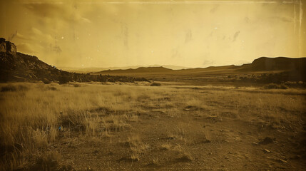 Sepia-toned image of a wide open prairie landscape, evoking a vintage Wild West aesthetic.
