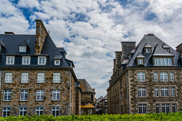 Architecture of ancient city Saint-Malo, a walled port city in Brittany (prefecture Ille-et-Vilaine) in northwestern France on English Channel. Saint-Malo. France.