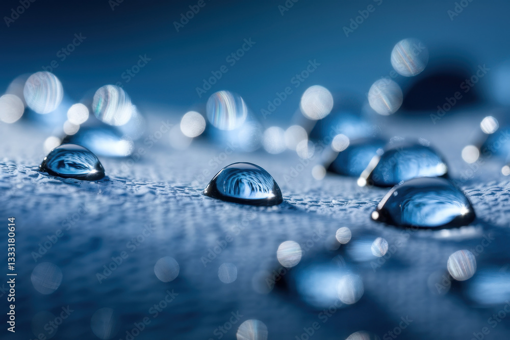 Poster close-up of raindrops on a blue surface with soft bokeh effect