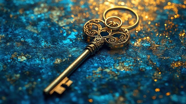 Ornate antique key on a textured surface