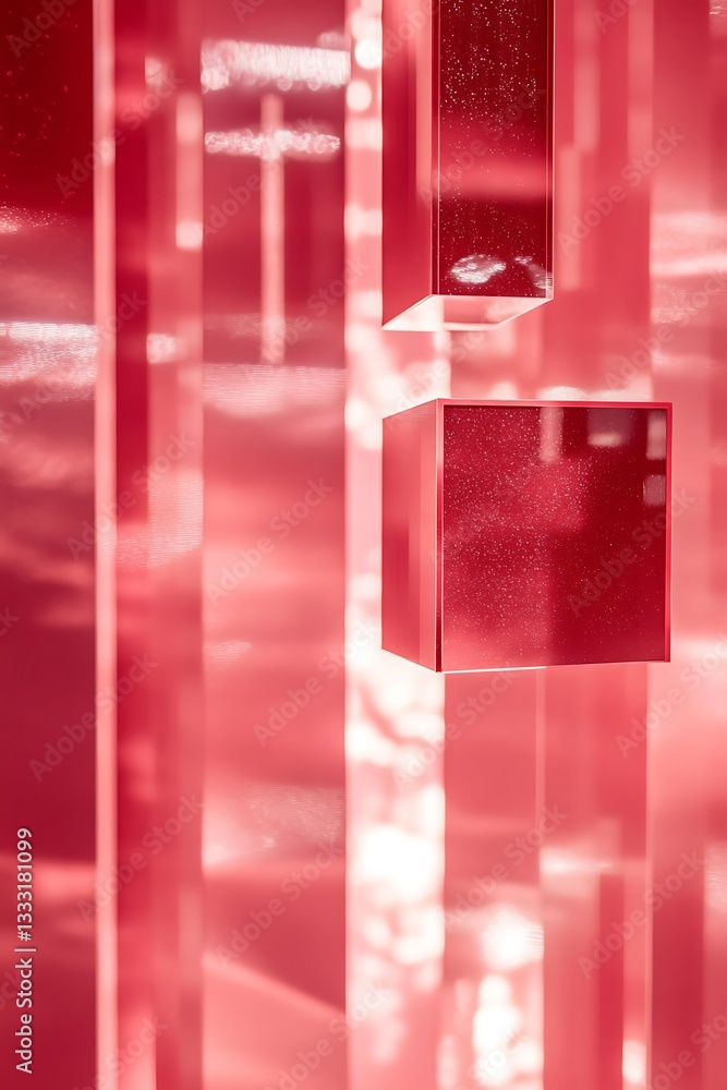 Aufkleber holographic cubes illuminated on a dark cherry red backdrop, creating an abstract blend of colors an