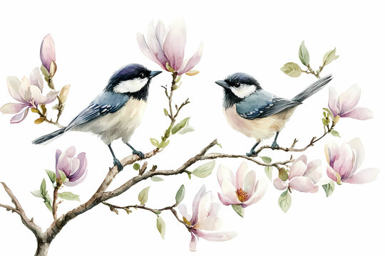 Watercolor Serenade: Two delicate birds perched on a branch of blooming magnolia flowers. A soft, dreamy scene with artistic detail, and evoking a feeling of spring's gentle beauty.