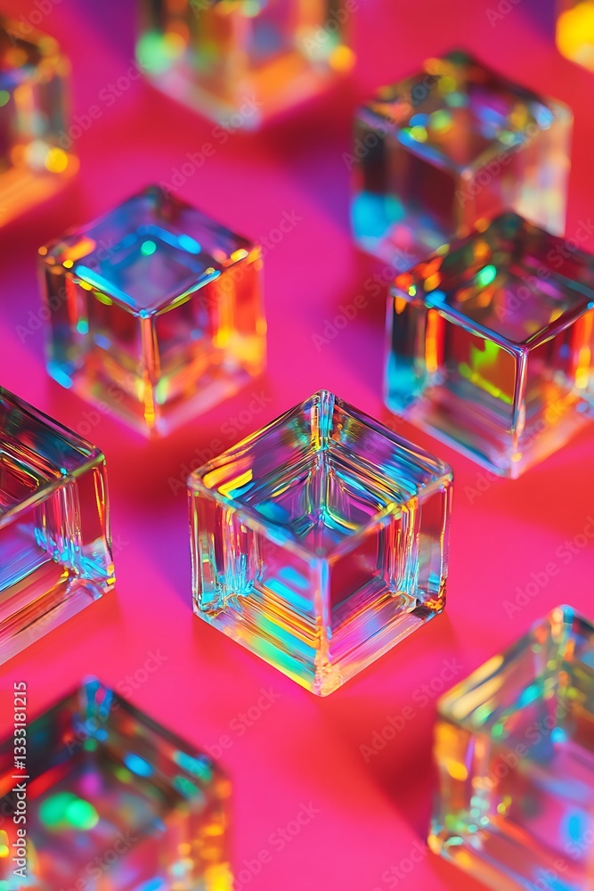 Aufkleber holographic cubes illuminated on a dark cherry red backdrop, creating an abstract blend of colors an