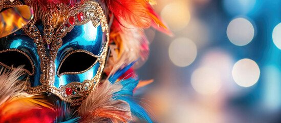 Elegant Venetian mask on a vibrant carnival banner with colorful feathers