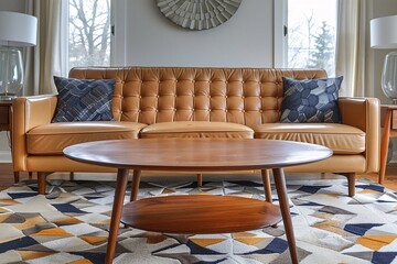 A mid century modern interior design in the living room with minimalist, brown leather sofa and a wooden coffee table and rugs visible on the floor. Generative AI
