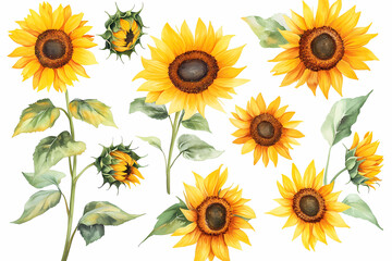 Obraz premium Sunflower Collection: A vibrant collection of sun-kissed sunflowers, their golden petals radiating warmth, alongside buds and verdant leaves, painted with exquisite detail on a seamless backdrop.