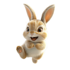 A Fluffy 3D Cartoon Rabbit with Oversized Ears Hopping Isolated on Transparent Background