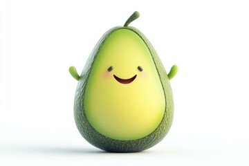 A cheerful cartoon avocado, halved, with a smiling face and tiny arms, stands against a white backdrop.