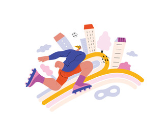 Life Unframed: Roller -modern flat vector concept illustration of a man rollerblading across rainbow. Metaphor of unpredictability, imagination, whimsy, cycle of existence, play, growth and discovery