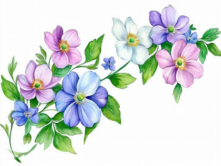 Watercolor anemone floral clipart illustration delicate botanical flowers soft pastel petals green leaves artistic bouquet decorative nature inspired design elegant hand painted digital artwork frame