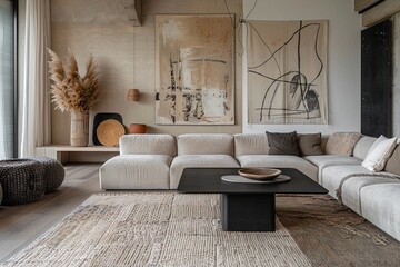 Minimalist Interior It's a calm living room interior design with a living room, sofa and coffee table, and art frames hanging on the wall. Generative AI
